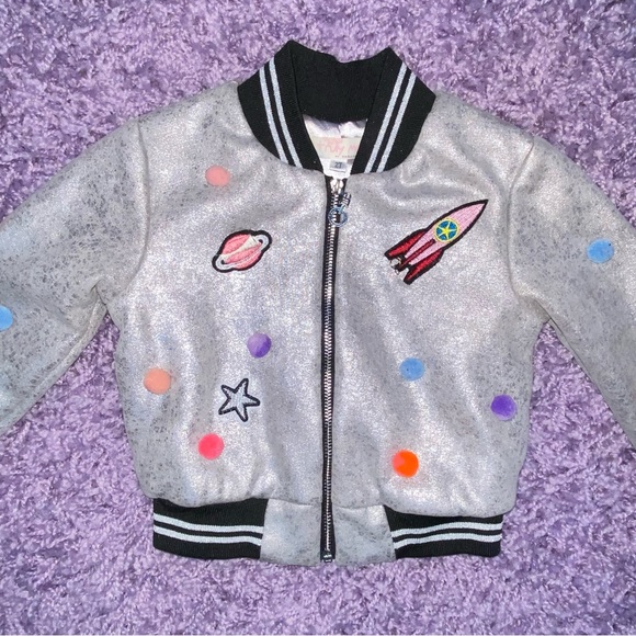 2T Sara Sara Truly Me Silver Metallic Space Rocket Ship Pom Pom Bomber Jacket - Picture 5 of 8